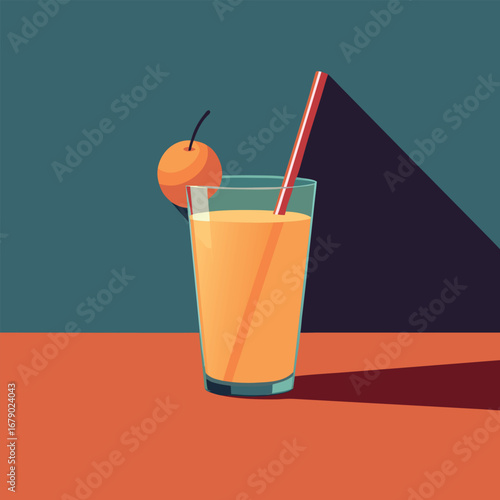 Refreshing fruit juice glass with straw and ice cubes