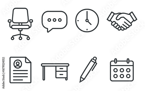 Office icons: chair, chat, clock, handshake, document, desk, pen, calendar