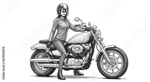 Monochrome illustration of a woman riding a classic motorcycle vehicle