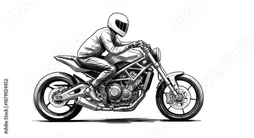 Monochrome illustration showcasing a motorcyclist with stylish bike design
