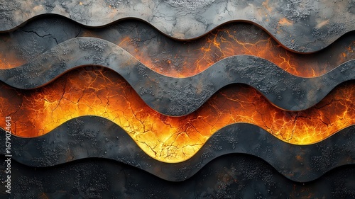 Abstract wavy metal texture with glowing lava elemens, creating a striking visal contrast ideal for moden design and industrial thmes.