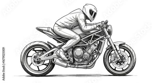 Monochrome motorcycle rider illustration featuring intricate mechanical details