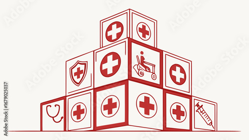 Medical healthcare concept with health symbols in blocks representing medical services and insurance