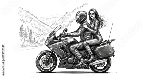 Motorcycle getaway sketch art featuring a couple riding through a mountain landscape