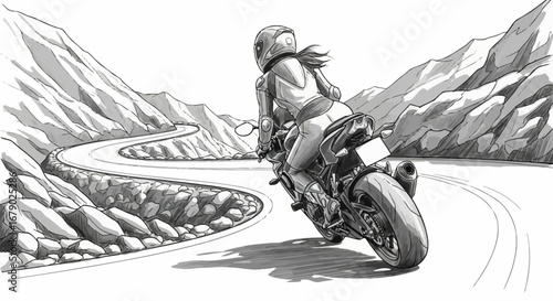 Motorcycle adventurer riding along winding mountain road with stylish artwork