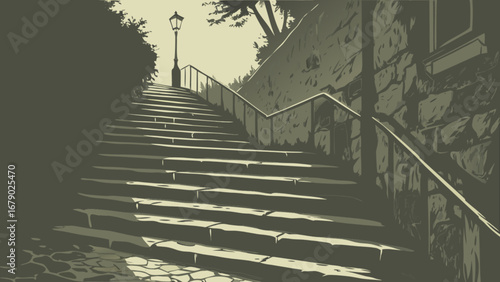 Explore the scenic staircase with vintage lamppost and stone wall in this artistic landscape view