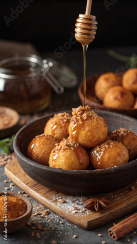 Greek Loukoumades Close-Up with Honey Drizzle
