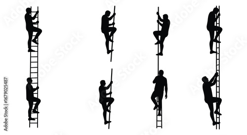 People climbing ladders in various positions and heights slowly
