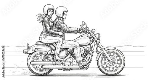 Sketch illustration of a couple riding a vintage motorcycle adventure together