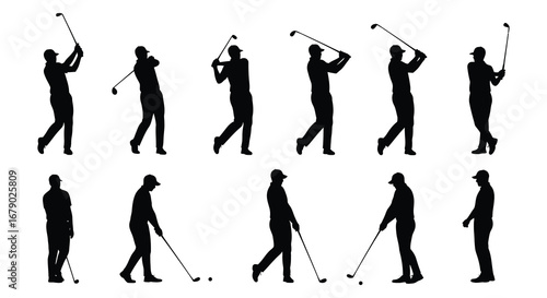 Golf player silhouettes in various poses and swings on white background
