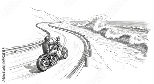 Sketch illustration showcasing a biker riding along a scenic coastal road
