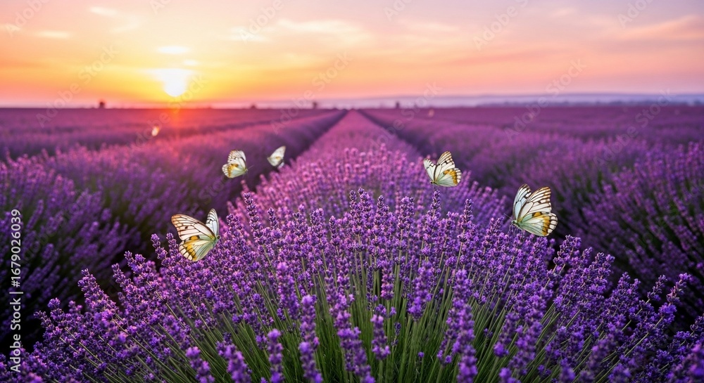 Naklejka premium White butterflies fluttering over a beautiful purple lavender field at sunset.
