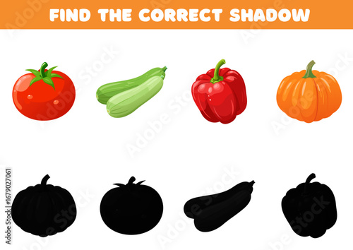 Find correct shadow. Vector illustration of vegetables – tomato, zucchini, bellpepper, pumpkin. Educational puzzle for children. Preschool learning game. Logic and recognition skills.