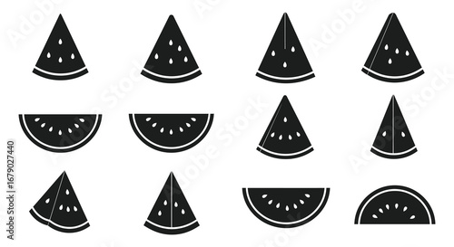 Collection of black and white watermelon slices and wedges icon set