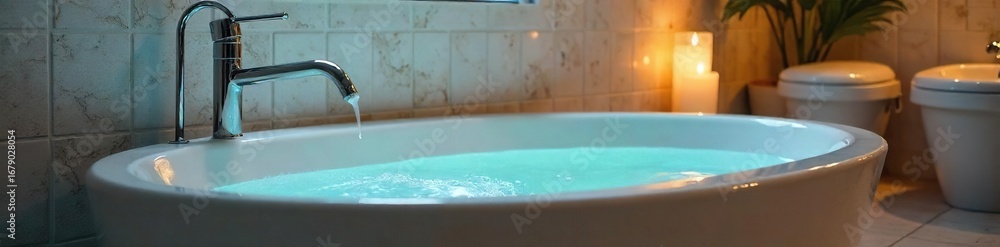 Fototapeta premium Luxurious soaking tub, featuring elegant tiling, a sleek faucet, and soft ambient lighting creates a spa-like atmosphere Perfect for relaxation and self-care , modern, faucet, light