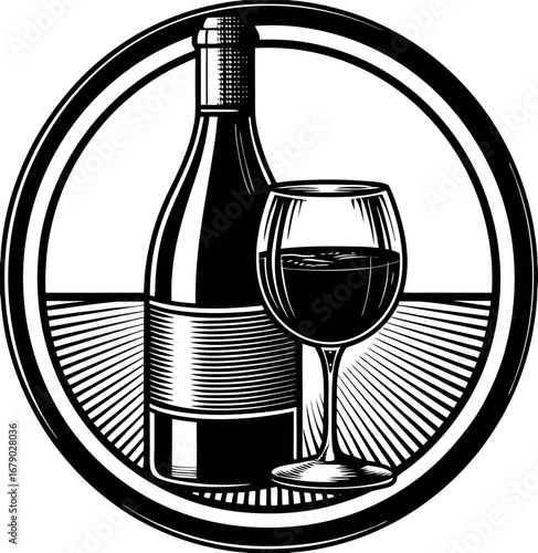 Elegant wine bottle and glass silhouette with swirling elements