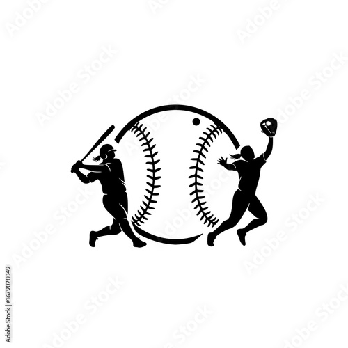 Silhouette Vector Design for Softball Logo - Featuring Players and Ball