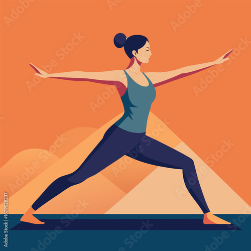 Flat design illustration of a woman performing a yoga pose with colorful accents