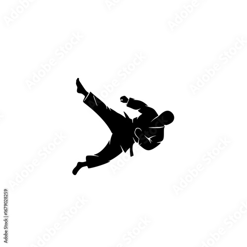 Silhouette vector for logo of a martial artist performing a dynamic karate kick, suitable for branding