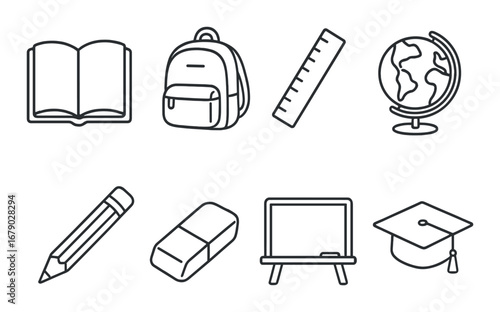 Illustrated school supplies icons set: book, backpack, ruler, globe, pencil, eraser, chalkboard, graduation cap