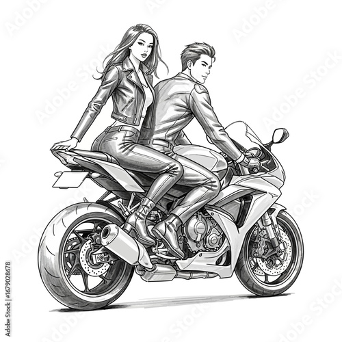 Stylish couple riding a sleek motorcycle sketch illustration on white