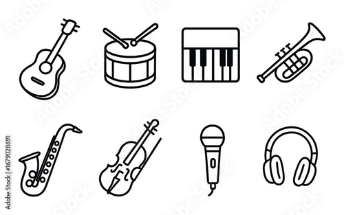 Musical instrument icons: guitar, drum, piano, trumpet, saxophone, violin, microphone, headphones