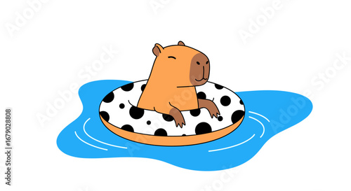 Adorable capybara enjoying a relaxing swim on a polka dot float