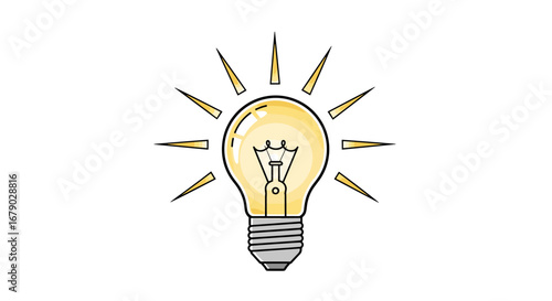 Bright glowing light bulb with radiating rays symbolizing innovation and new ideas