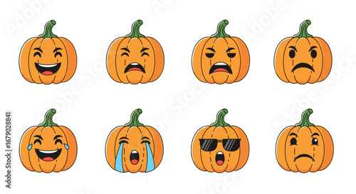 Collection of happy sad angry excited scary and cool expressive halloween pumpkins with various emotions for autumn celebrations
