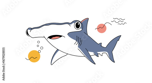 A cartoon hammerhead shark swimming gracefully through the ocean waters with abstract circles and waves
