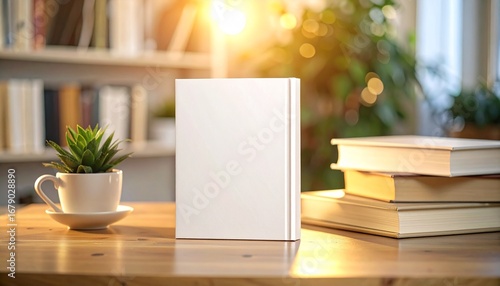 Blank white book stands on wooden table in cozy library with sunlight creating a warm, inviting atmosphere for reading and learning.