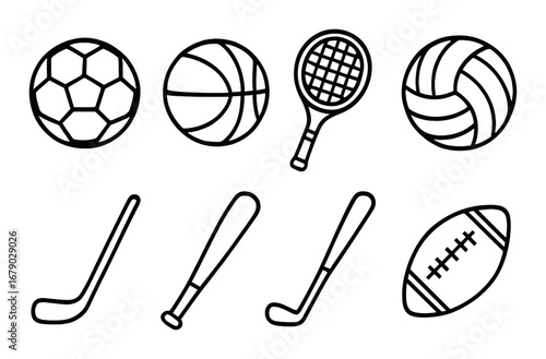 Set of hand-drawn sports equipment icons on dark background