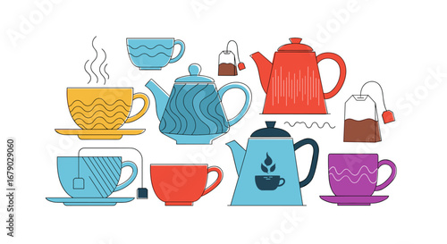 A delightful collection of ceramic teapots and cups steaming with hot beverages enjoyed during a pleasant afternoon tea