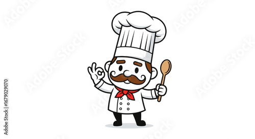 Charming chef character presenting a spoon with a perfection hand gesture illustration