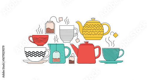 Collection of stylish teapots and cups featuring various decorative patterns and steaming beverages for a relaxing break