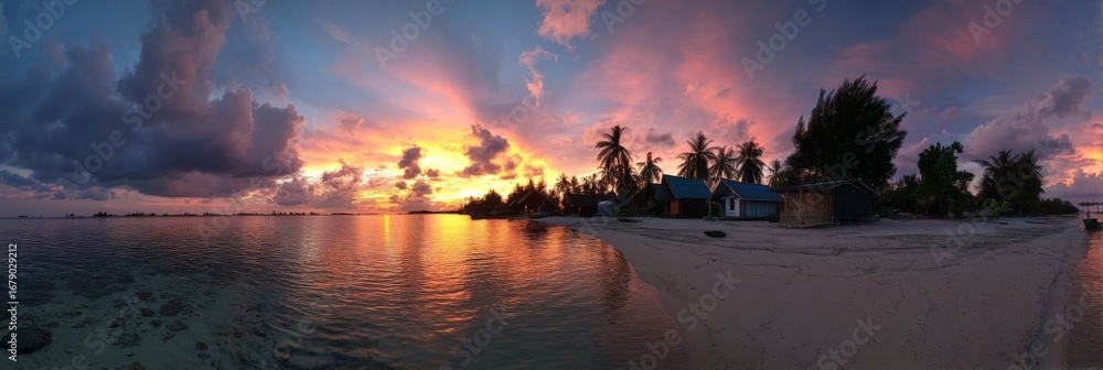 Fototapeta premium Serene Sunset Over Tropical Island with Palm Trees and Calm Ocean Water Under Colorful Sky Reflected in Water Surface