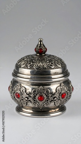 Silver Trinket Box with Red Gems - A Touch of Diwali Elegance