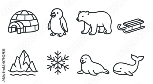 Cute arctic icons: igloo, penguin, bear, sled, mountain, snowflake, seal, whale
