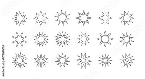 Vector illustration of collection of sun icons with different shapes and styles