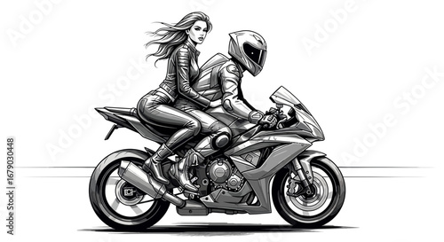 Stylized depiction of a motorcycle ride featuring two figures in monochrome