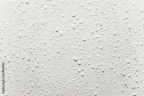Close up of wet water drops on smooth surface of white tile bathroom wall, clean texture for freshness, hygiene and moisture concept.