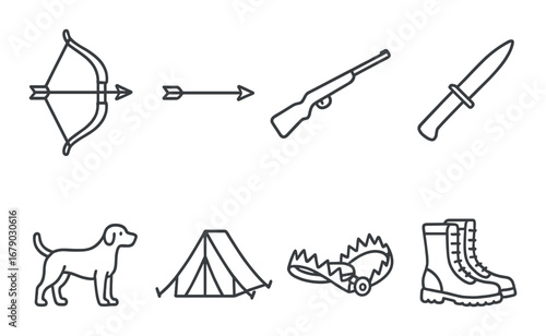 Hunting equipment icons: bow, arrow, rifle, knife, dog, tent, trap, boots