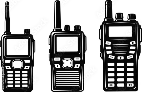 Black and white vector illustration of three walkie-talkies with detailed buttons, screens, and antennas for communication and emergency design