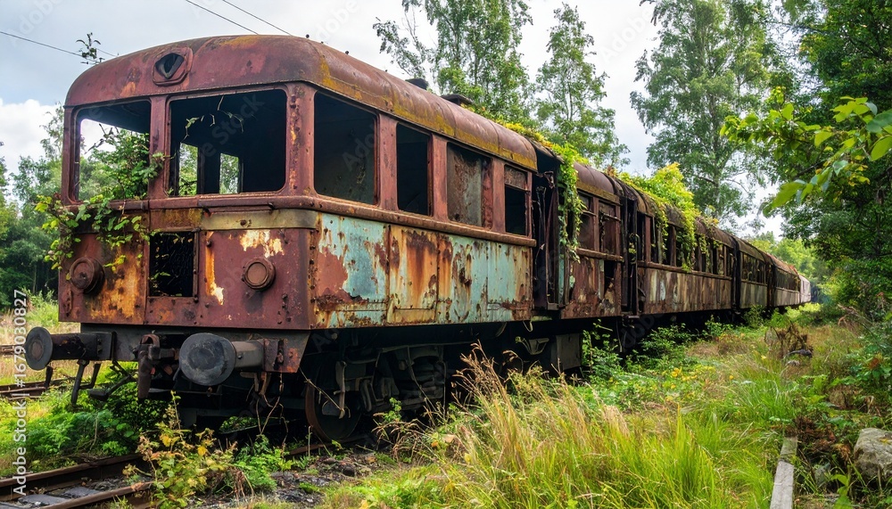 Obraz premium Tren abandonado, corroido por el paso del tiempo, entre maleza