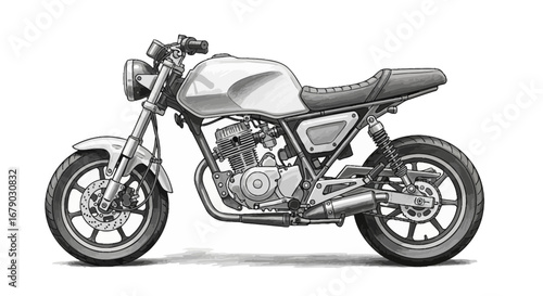 Stylized monochromatic illustration featuring a cafe racer motorcycle