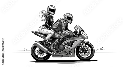 Stylized monochrome artwork of a couple riding a sports motorcycle