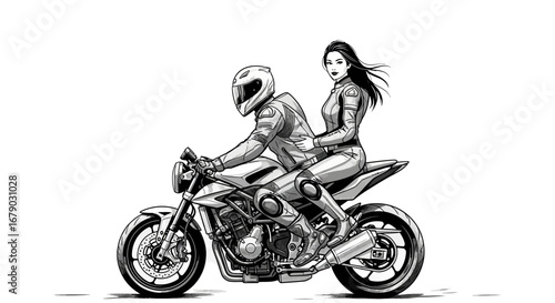 Stylized monochrome illustration of a biker couple on a sport motorcycle
