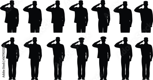 Black silhouette vector illustration of twelve saluting soldiers in military uniform, standing in formation, representing discipline, respect, honor, and patriotism