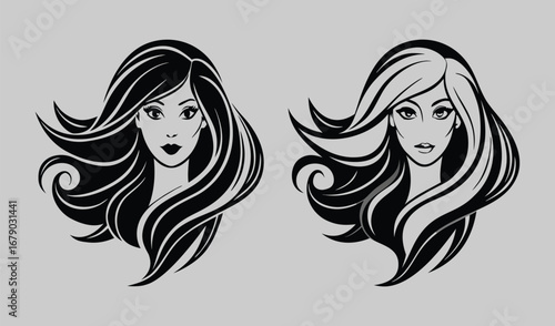 A fashion illustration of a beautiful woman with long flowing hair, featuring a glamorous silhouette and stylish makeup