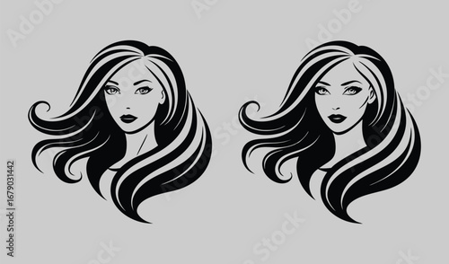 Vector sketch illustration of a fashionable woman with long hair, stylized with a glamorous black silhouette and makeup to highlight her beauty